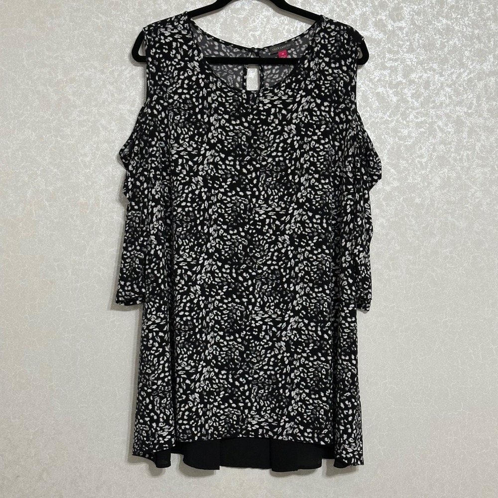 Vince Camuto Cold Shoulder Tunic Top Abstract Print Black White Plus Size 2X